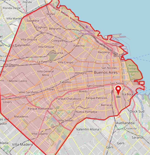 Mapa de la Ciudad Autónoma de Buenos Aires con la zona de cobertura de El 142 Auxilios delimitada y la base marcada en Barracas